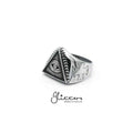 Stainless steel Triangle All Seeing Eye cast ring by Glitters, featuring detailed Eye of Providence design on a sleek band.