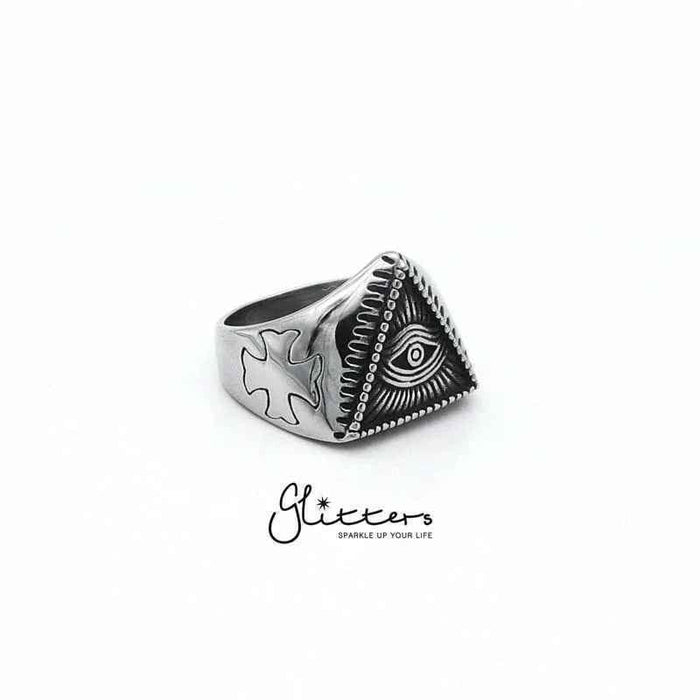 Stainless steel triangle All Seeing Eye cast ring by Glitters featuring an Eye of Providence design on a polished band.
