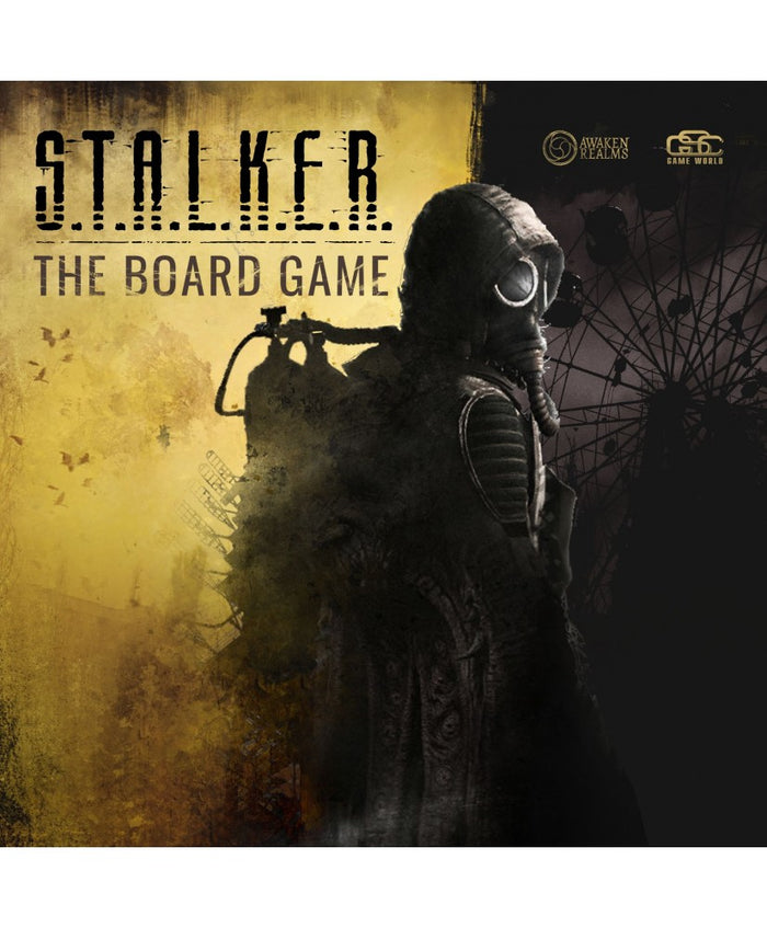 Board game cover featuring a gas-masked figure silhouette against yellow haze and a dark Ferris wheel.