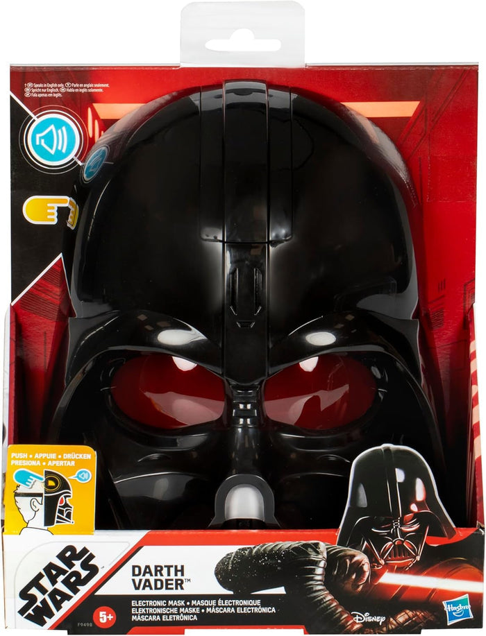 Glossy black Darth Vader mask with red lenses in red and white retail packaging with sound effect icons.