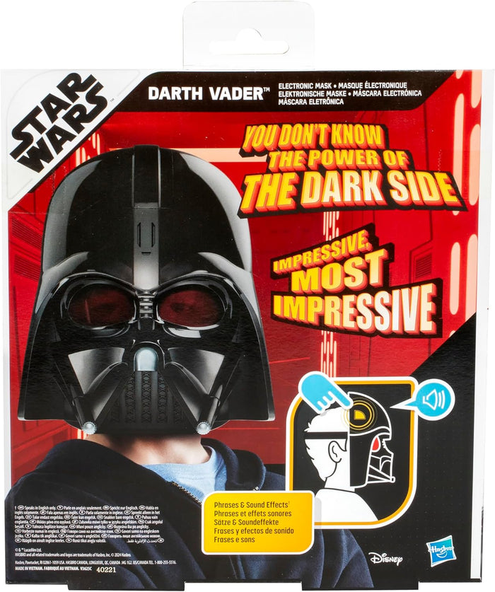 Red box for a black Darth Vader mask with red lenses, featuring a child wearer and iconic movie quotes.
