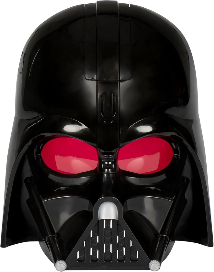 Glossy black Darth Vader mask featuring red lenses and a triangular breathing grill with silver accents.