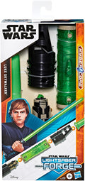 Toy box showing translucent green and black hilt parts and an illustration of Luke Skywalker with a green lightsaber.