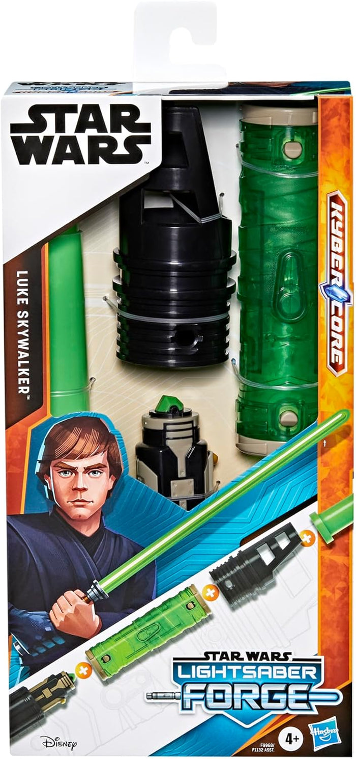 Toy box showing translucent green and black hilt parts and an illustration of Luke Skywalker with a green lightsaber.