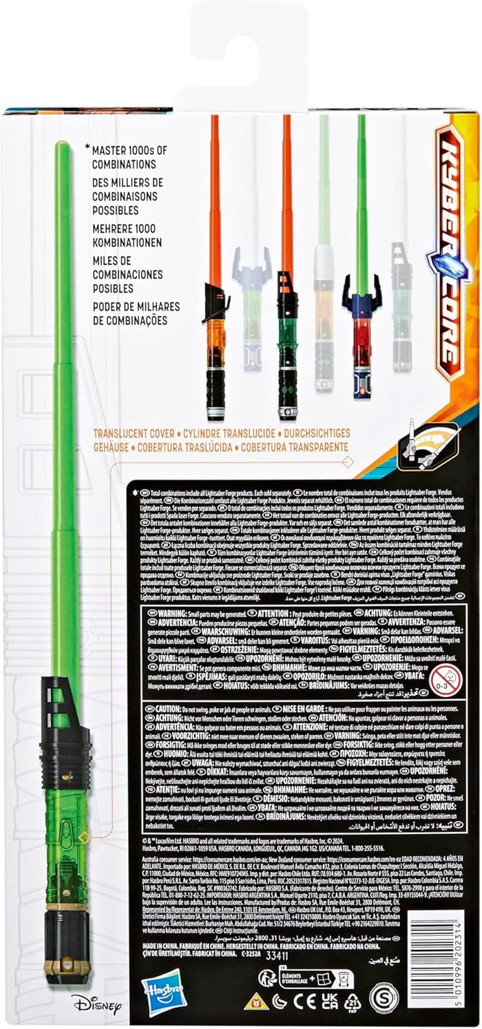 Back of box showing a green extendable blade, silver and black hilt parts, and a diagram for building a lightsaber.