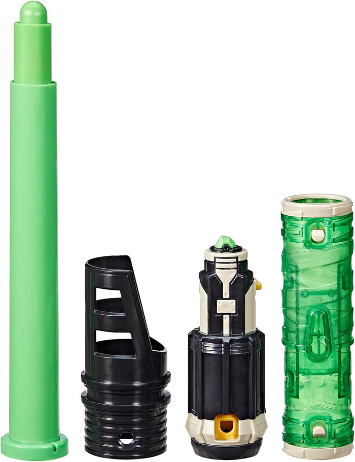 Four toy parts: a green telescoping blade, black hilt, black and white core, and a translucent green outer sleeve.