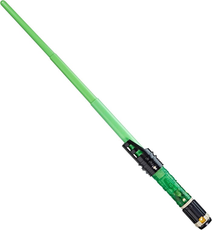 Toy lightsaber with a green retractable plastic blade and a black and translucent green hilt.