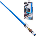 Blue telescoping toy lightsaber with a white and brown hilt next to its packaging featuring Obi-Wan Kenobi.