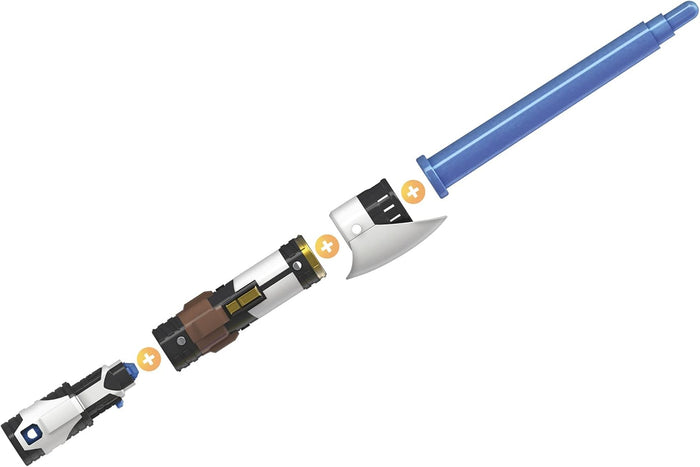 Exploded view of a toy lightsaber with white, black, and brown hilt pieces, a blue blade, and orange assembly icons.