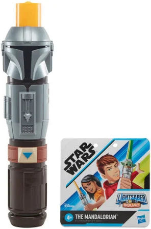 Silver and grey Mandalorian helmet-shaped lightsaber hilt with brown base next to an illustrated product tag.
