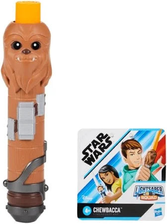 Star Wars Chewbacca lightsaber toy with brown wookiee-shaped hilt, yellow blade tip, and character packaging.