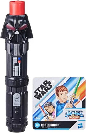 Black Darth Vader toy lightsaber hilt with a red tip and illustrated Star Wars packaging.