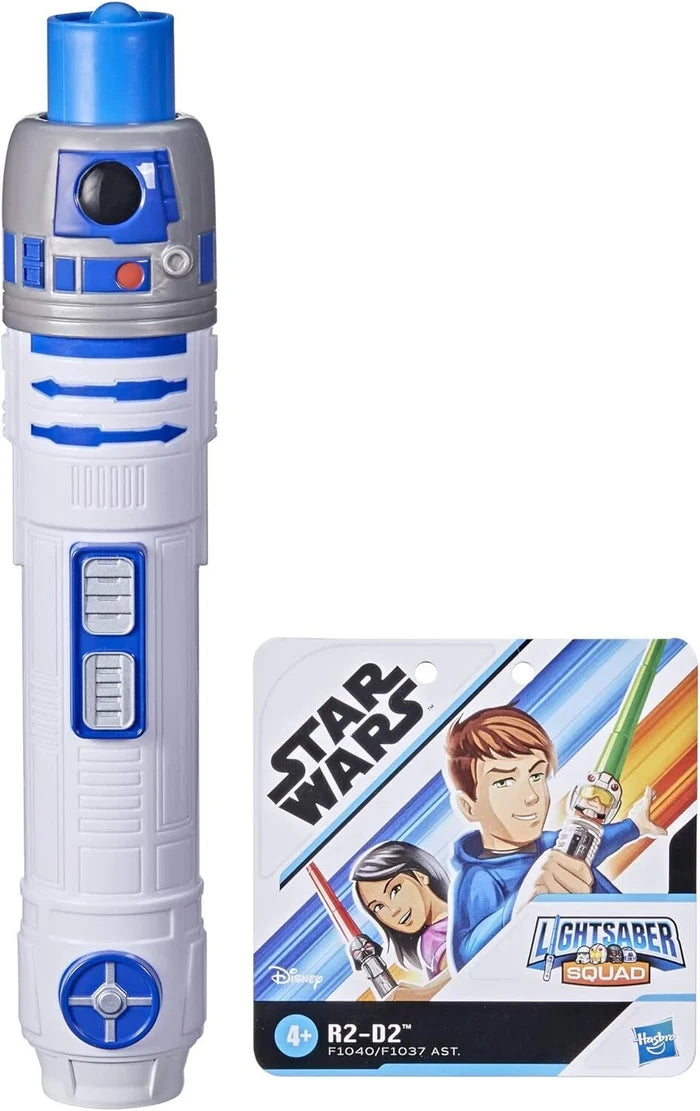 White and blue R2-D2 lightsaber hilt with a silver dome top and illustrated packaging showing kids with lightsabers.