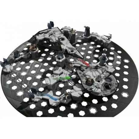 Black hexagonal circular base with gray marble tracks featuring a Star Destroyer and Millennium Falcon.