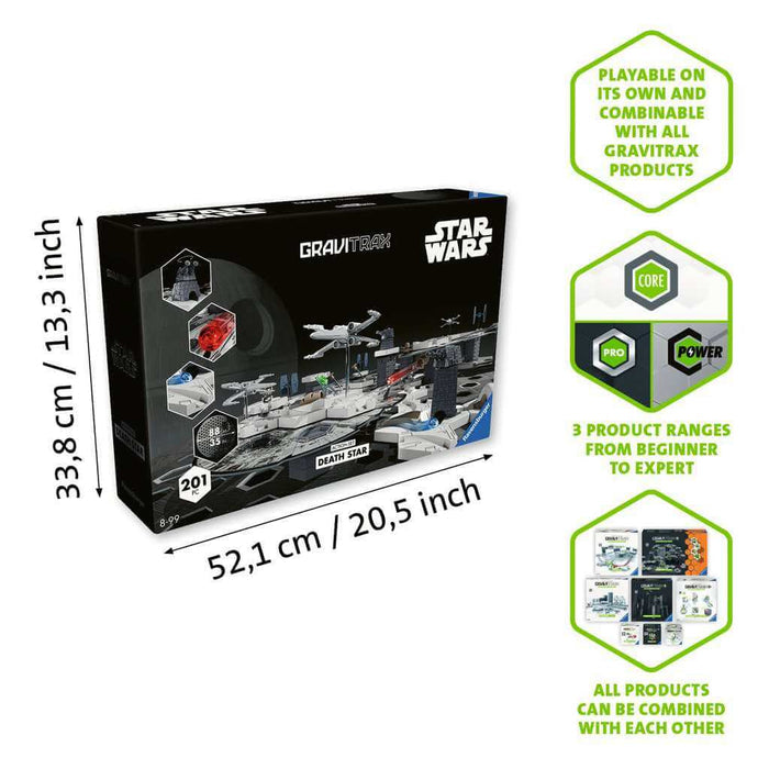 Black Star Wars GraviTrax Death Star marble run box with 201 pieces, space theme graphics, and product dimensions.