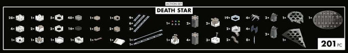 Visual guide to the 201 set pieces, featuring gray tracks, white tiles, marbles, and miniature Star Wars ships.