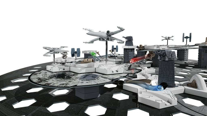 Detailed Star Wars marble run with X-wings, TIE fighters, and a blue marble on a gray Death Star themed track.