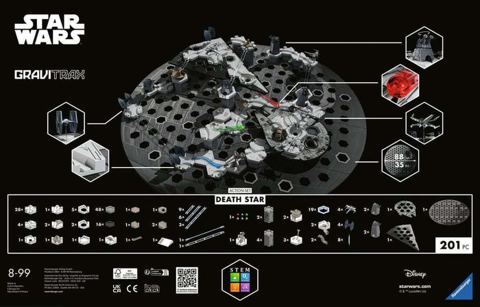 Star Wars GraviTrax Death Star marble run with gray hexagonal base, mini spaceships, and 201-piece component layout.