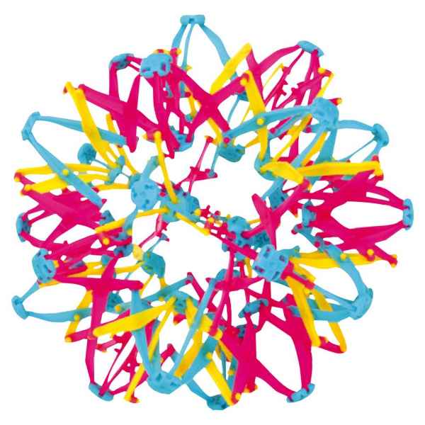 Expandable toy ball with pink, yellow, and blue interlocking plastic pieces forming a geometric, spiky sphere.