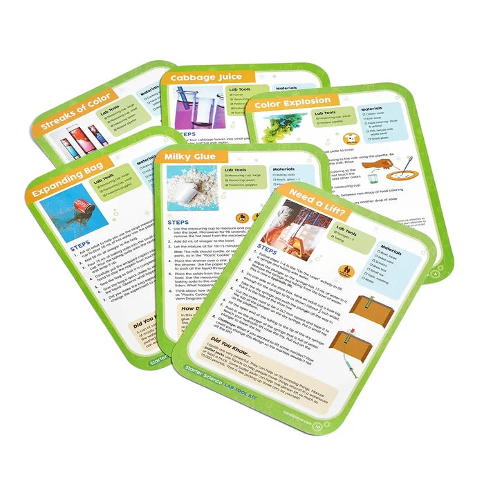 Fanned-out green and white science experiment cards with colorful illustrations, instructions, and material lists.