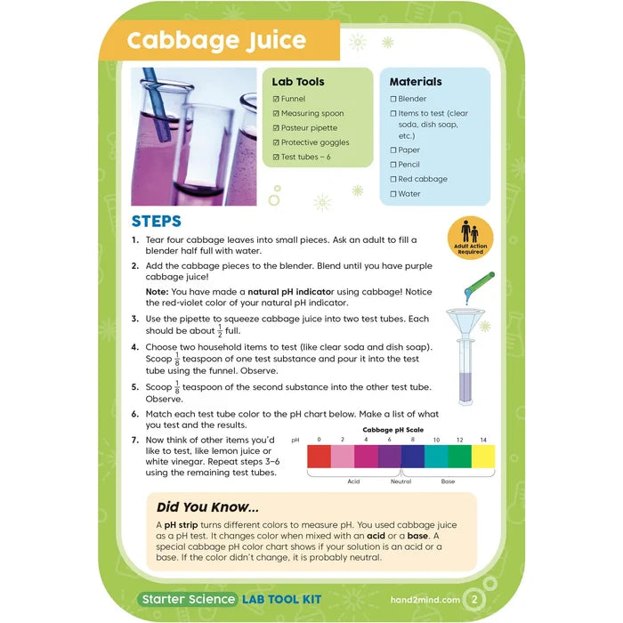 An activity guide for a cabbage juice experiment with step-by-step instructions, a lab tool list, and a colorful pH scale.
