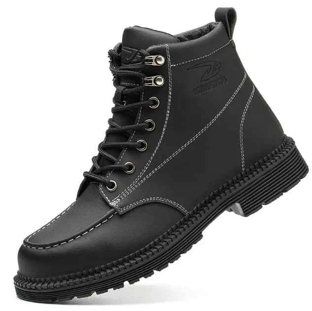 Black men's safety shoes with steel toe, anti-smash and puncture-resistant features, designed for work and safety.