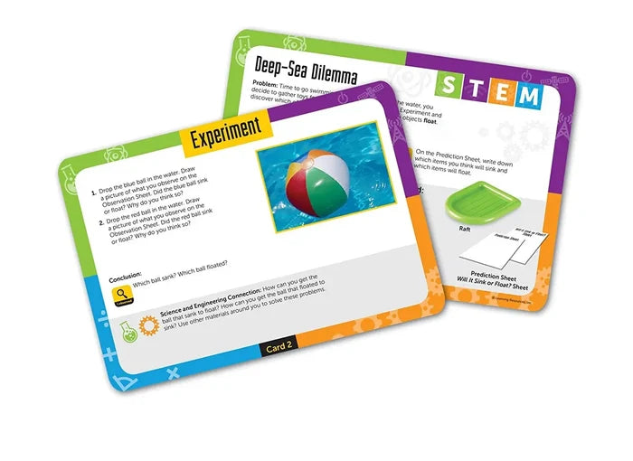 Two colorful activity cards with experiment steps, a photo of a floating beach ball, and educational graphics.