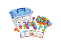 150-piece set of colorful patterned geometric blocks, a clear storage bin with blue lid, and activity cards.