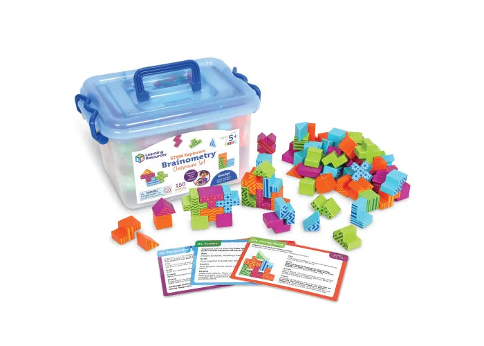 150-piece set of colorful patterned geometric blocks, a clear storage bin with blue lid, and activity cards.