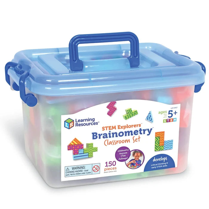 Clear storage bin with blue lid and handle, filled with colorful patterned blocks. Label says 150 pieces, ages 5+.