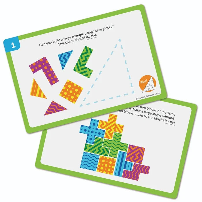 Two activity cards show colorful patterned blocks being assembled to form a large triangle and an interlocking puzzle.
