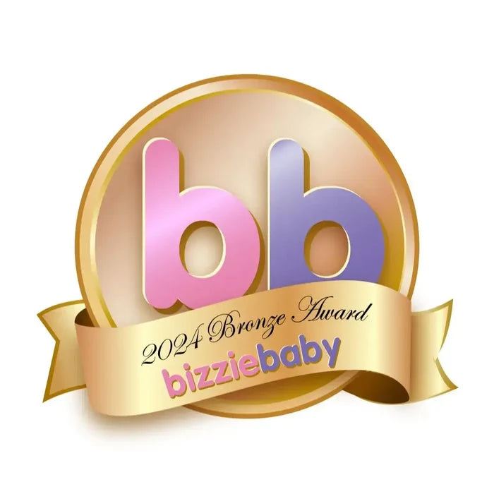 Gold 2024 Bronze Award bizziebaby emblem featuring large pink and purple letters and a gold banner.