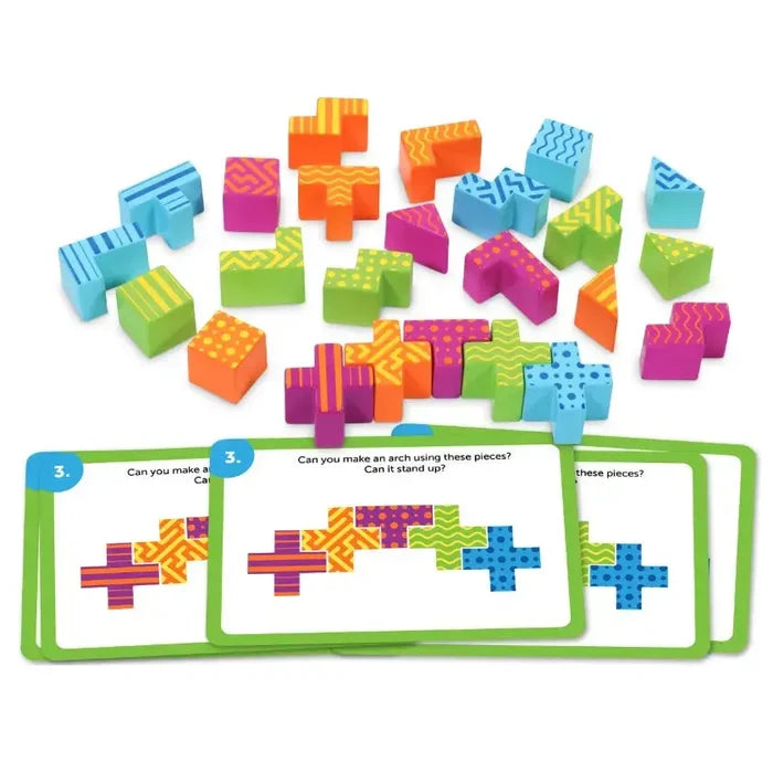 Colorful patterned 3D blocks in geometric shapes like crosses and cubes displayed with building challenge cards.