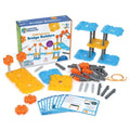 Boxed toy set with blue and yellow plates, grey beams, orange gear connectors, and illustrated building cards.