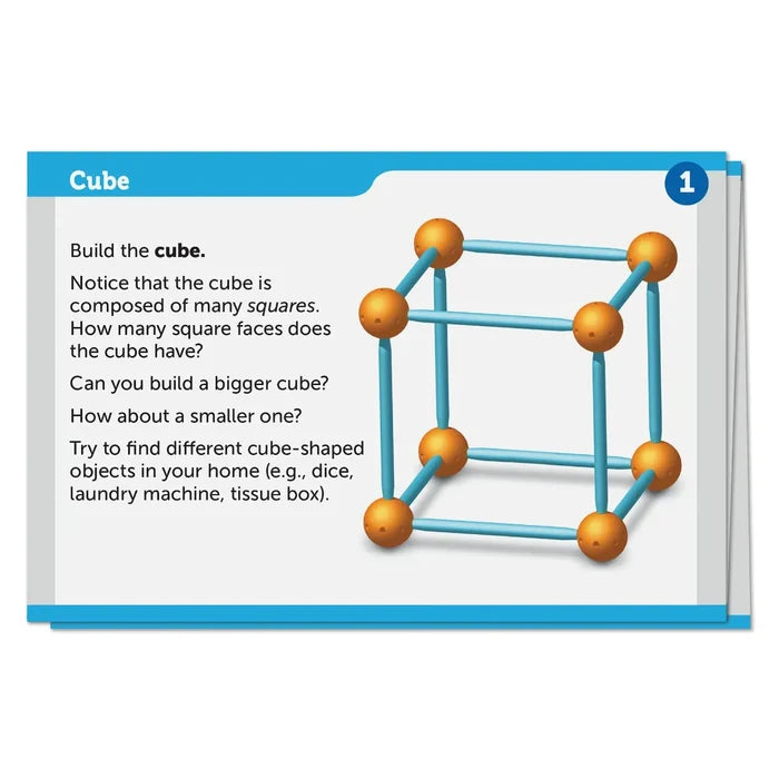 Instructional card showing a 3D skeleton cube built with orange sphere joints and blue rods.