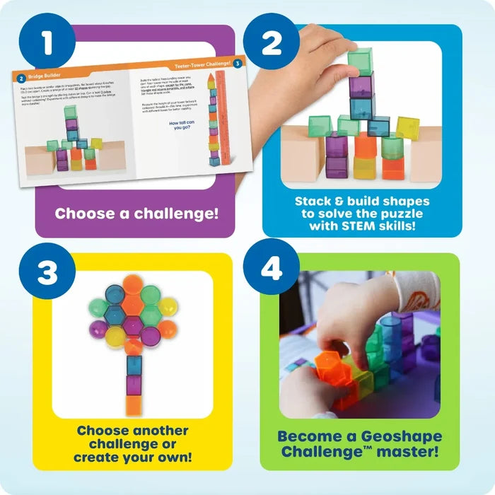 Four panels show children using colorful translucent blocks to build bridges, towers, and shapes from a guidebook.