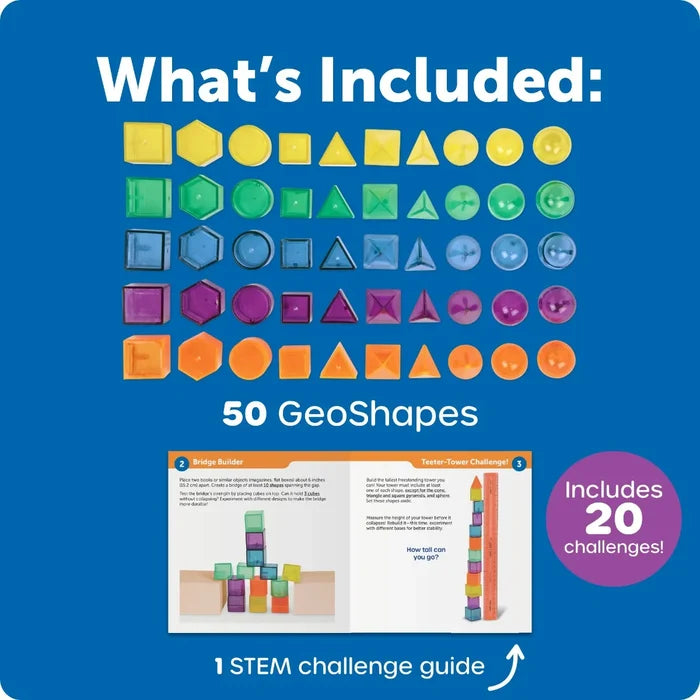 A colorful toy set featuring 50 translucent 3D geometric shapes and a STEM activity guide with 20 building challenges.