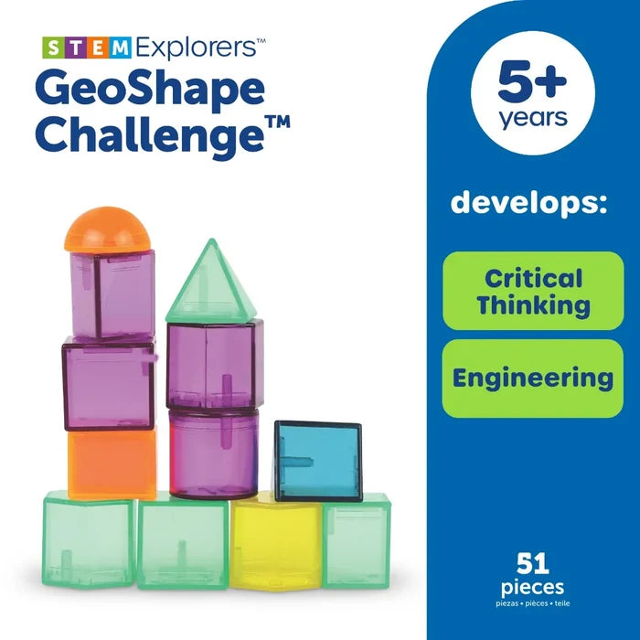 Stacked colorful, translucent cubes, triangles, and cylinders next to text for age 5+, 51 pieces, and skills.