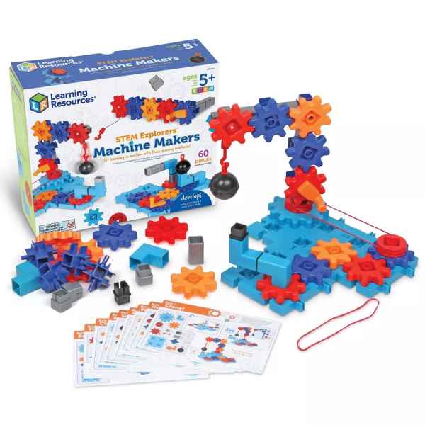 Colorful gears, blue baseplates, and a wrecking ball crane model shown with its packaging and instruction cards.
