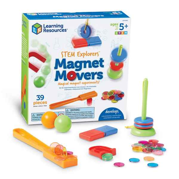 Magnetic toy set with orange wand, bar magnet, colorful rings, and translucent chips shown with the product box.