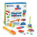 Magnetic toy set with orange wand, bar magnet, colorful rings, and translucent chips shown with the product box.