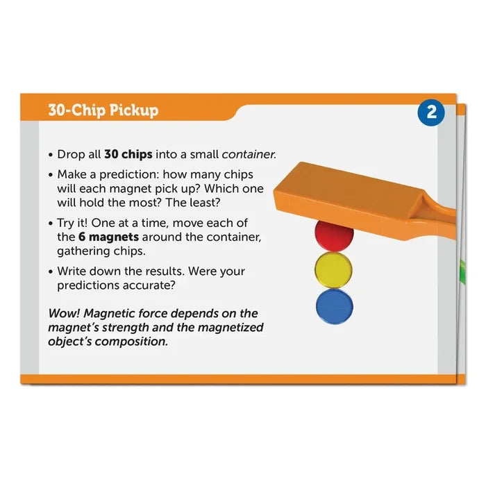 Activity card with experiment instructions and an image of an orange magnet wand holding three colorful chips.
