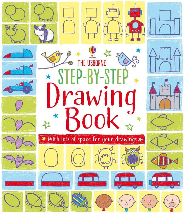 Colorful grid-style book cover with step-by-step drawings of a panda, robot, castle, car, and monster.