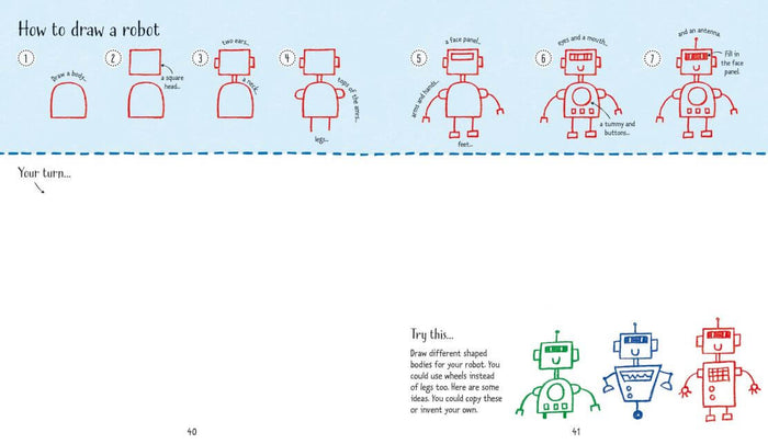 Seven-step drawing guide for a red robot with colorful examples and blank practice space on two book pages.
