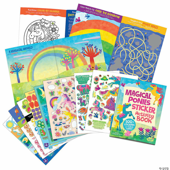 Vibrant pony activity set featuring colorful sticker sheets, rainbow coloring pages, and maze games.