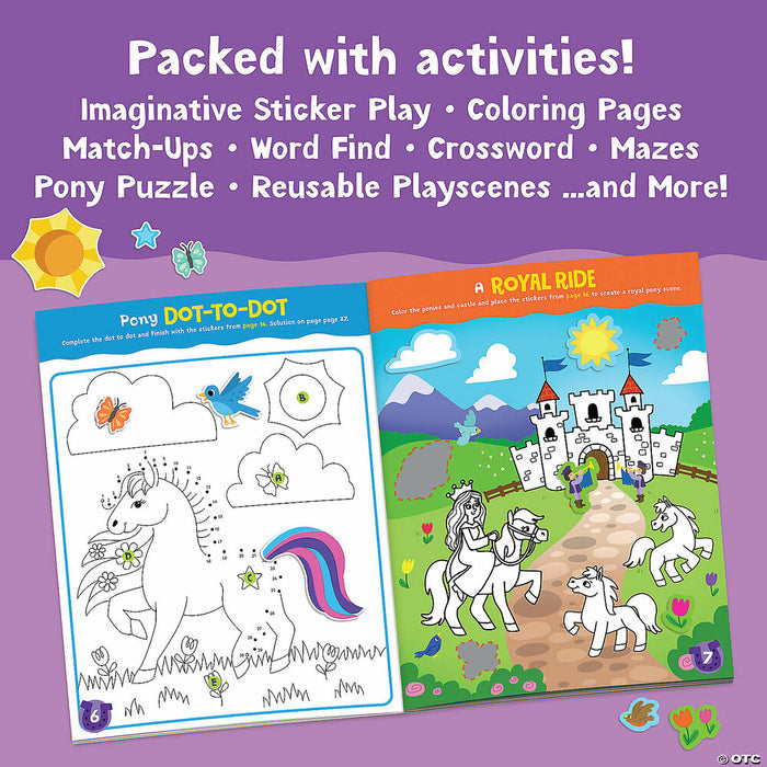 Open activity book featuring a pony dot-to-dot and a royal castle scene with a princess on a purple background.