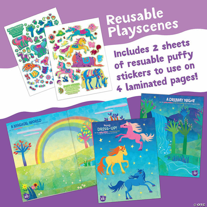 Two sheets of colorful puffy pony stickers with laminated play scenes featuring rainbows, ponies, and a night sky.