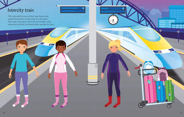 Three girls in thermal wear on a train platform between two sleek trains and a cart of colorful suitcases.