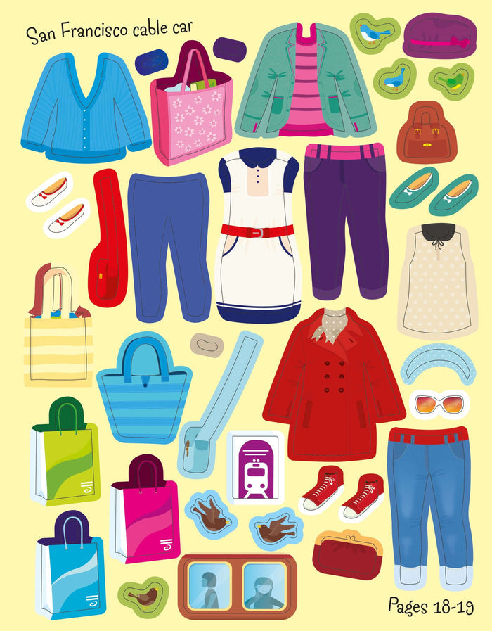 Illustrated sticker sheet of colorful paper doll clothes and accessories including a red coat, blue jeans, and handbags.