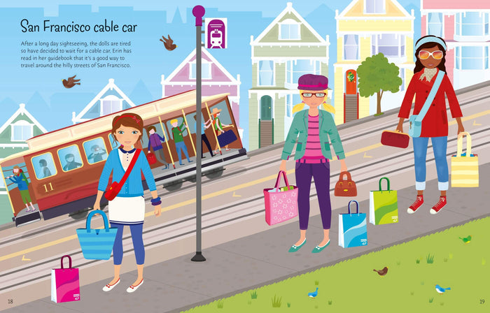 Illustrated page of three dolls with shopping bags waiting for a San Francisco cable car on a hilly street.